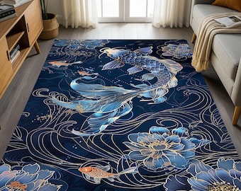 Koi Fish Tile Area Rug: Japanese Art, Navy Blue & Gold, Non-slip Washable Carpet