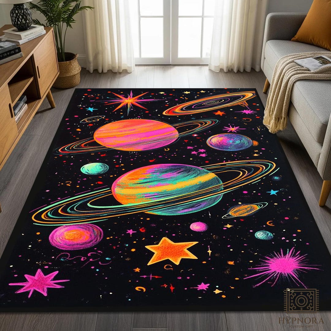 Colorful Galaxy Planets Space Rug, Retro Nursery Decor, Washable Kids ...