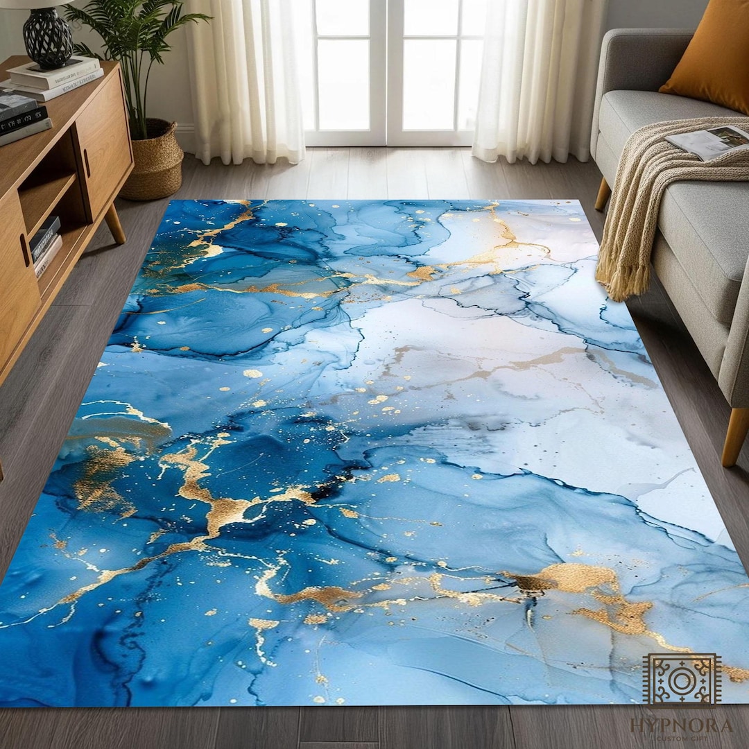 Blue Gold Marble Area Rug: Abstract Watercolor Ink, Nonslip Carpet - Etsy