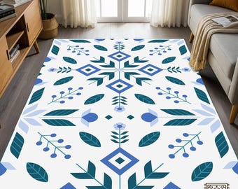 Scandinavian Floral Area Rug: Blue & Teal Nordic Folk Art