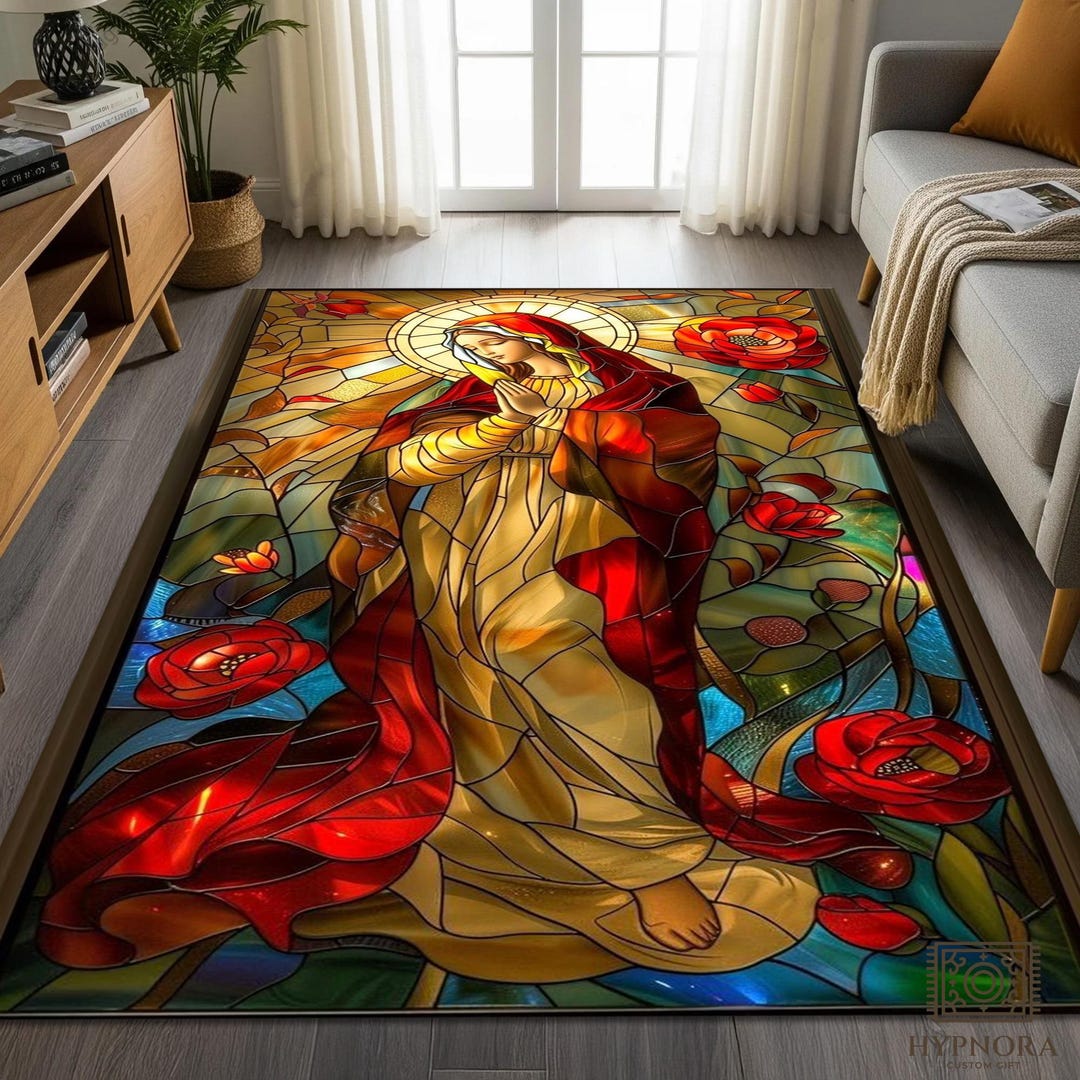 Stained Glass Rug Design Virgin Mary Stained Glass Rug - Religious Floral Art, Non-slip Carpet ...