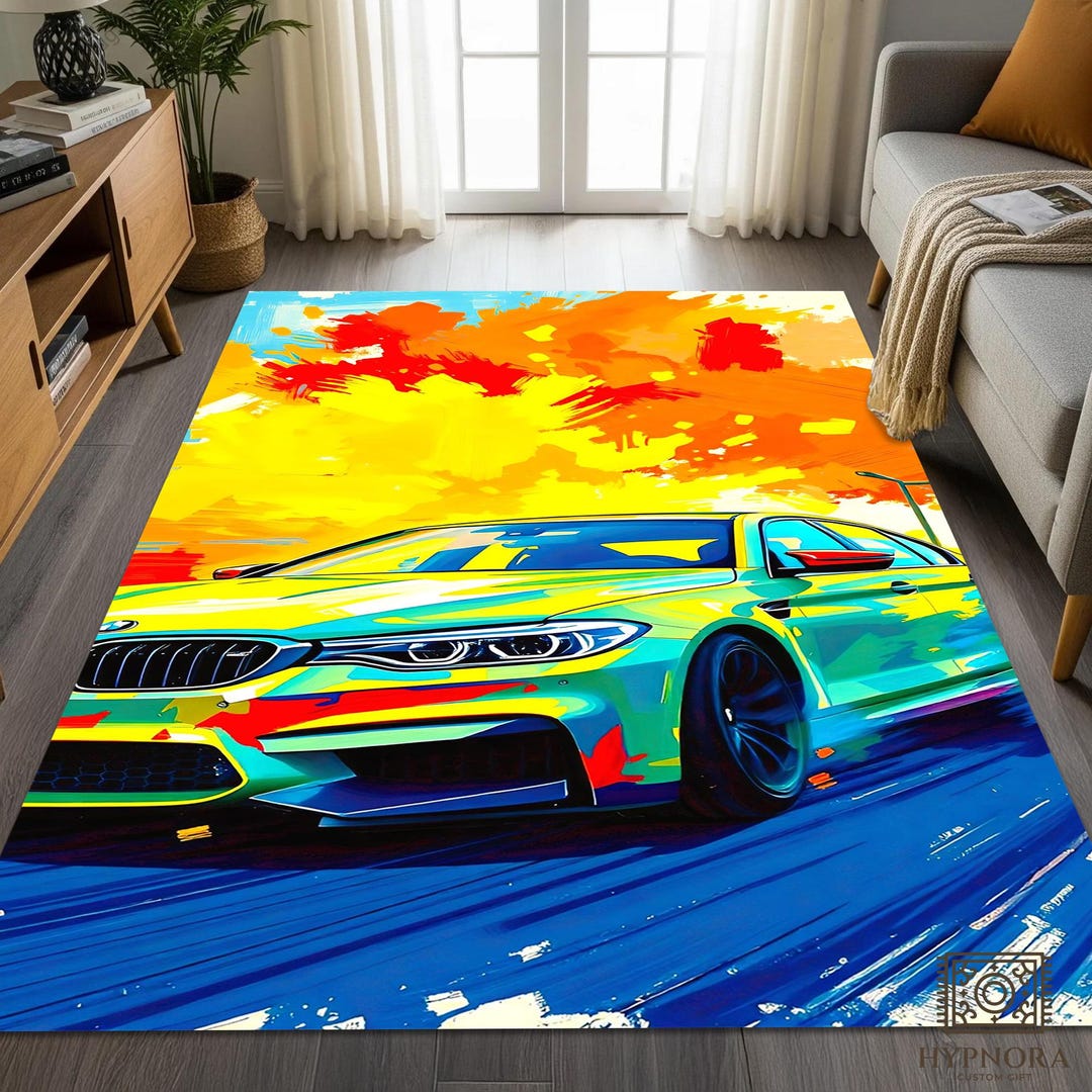 Customize Bmw Rug BMW Performance Car Rug, Pop Art Sports Sedan Carpet, Neon Colors ...