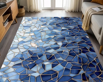 Blauer Mosaikteppich, Buntglasfliesenmuster, mediterraner Waschbarer Teppich