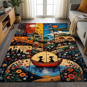 Könnte beinhalten: Ein farbenfroher Teppich mit einem skurrilen Design. Der Teppich zeigt eine Reihe von illustrierten Tafeln, die verschiedene Szenen darstellen, darunter Landschaften, Häuser und Figuren in einem Boot. Die Farbpalette umfasst Blau-, Orange- und Grüntöne und schafft eine lebendige und künstlerische Ästhetik.