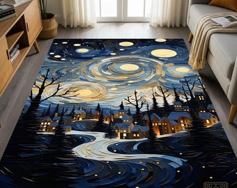 Starry Night Winter Village Area Rug: Non-Slip Christmas Carpet