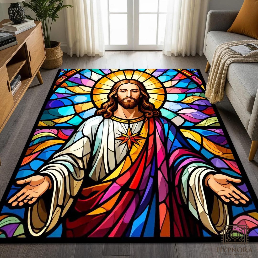 Church Rug Stained Glass Jesus Rug - Sacred Heart Christian Mat, Colorful Church ...