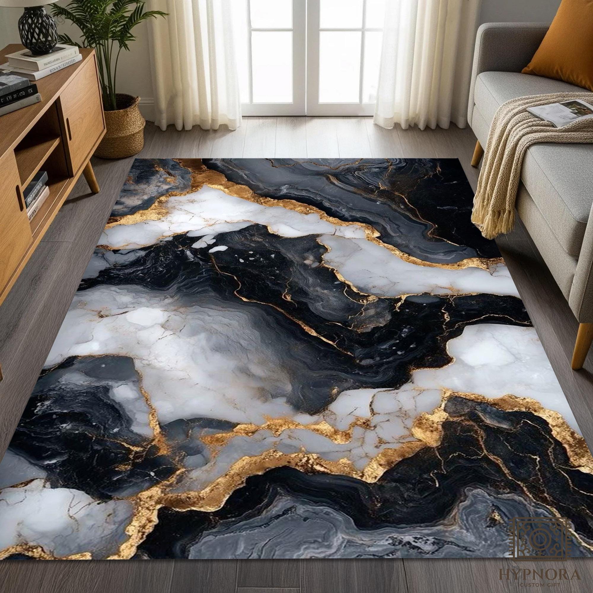 Geode Rug Design Black White Gold Marble Area Rug, Abstract Agate Geode Art, Non-slip ...