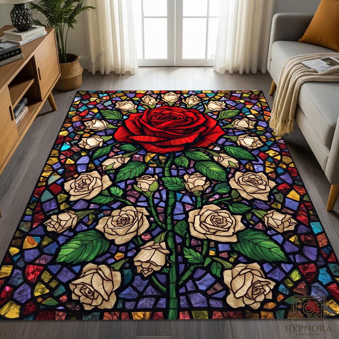 Stained Glass Rug Design Stained Glass Rose Rug: Colorful Floral Mosaic, Nonslip Art Deco Carpet ...