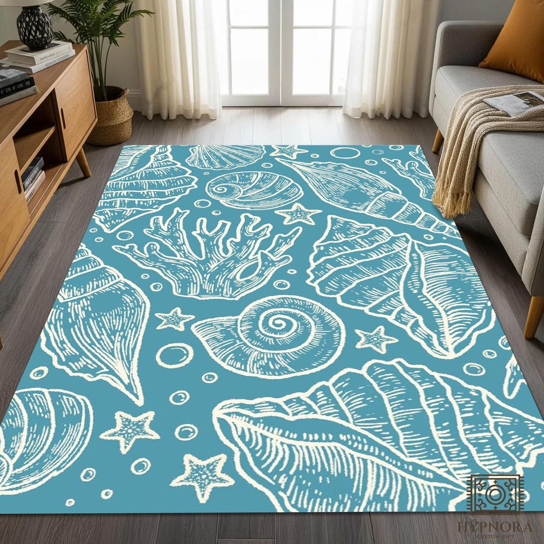 Turquoise Seashell Area Rug: Coastal Beach Nautical Carpet - Etsy