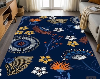 Navy Wildflower Area Rug: Bohemian Floral Tile Area Carpet