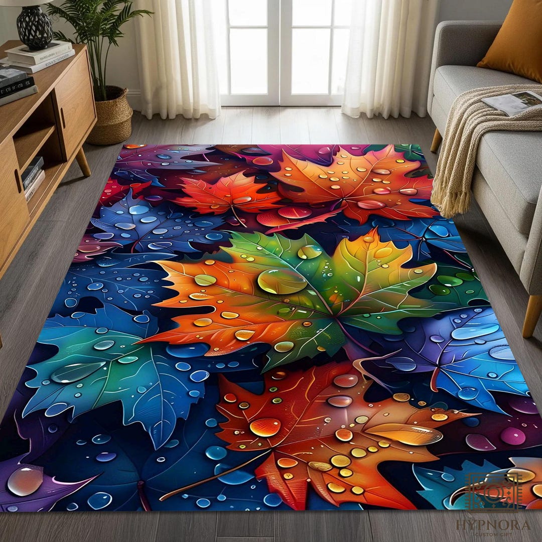 Colorful Autumn Leaves Area Rug: Water Droplets Fall Foliage Mat - Etsy