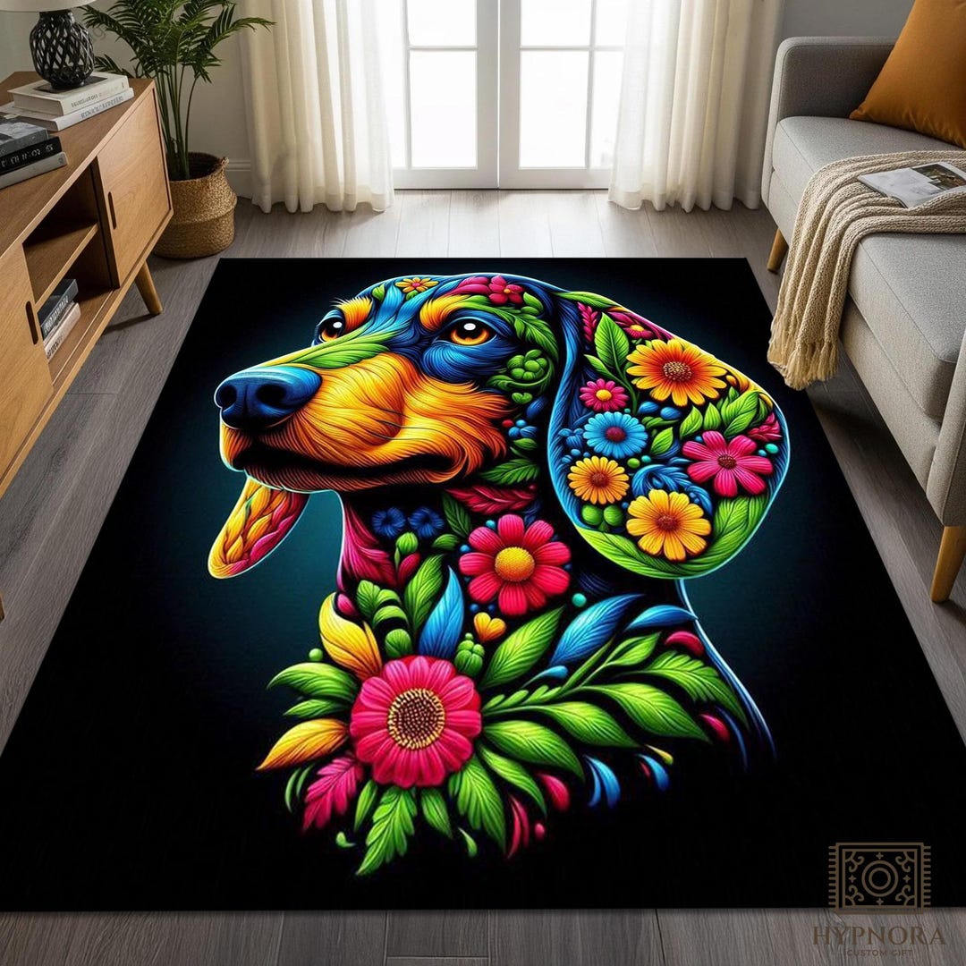 Pets Designs Rug Colorful Dachshund Dog Rug, Flower Animal Art Carpet - Etsy
