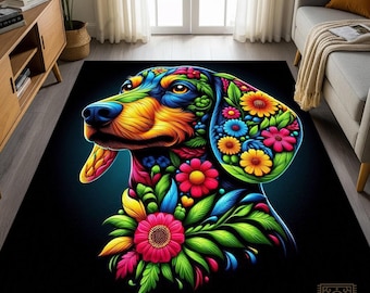 Colorful Dachshund Dog Rug, Flower Animal Art Carpet