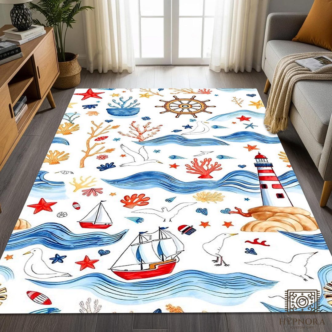 Nautical Lighthouse Rug: Coastal Ocean Theme, Non-slip Washable Carpet ...