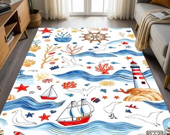 Nautical Lighthouse Rug: Coastal Ocean Theme, Non-slip Washable Carpet