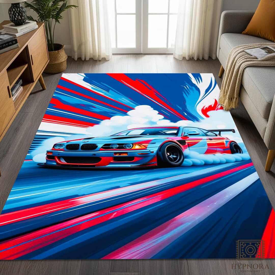 BMW Racing Drift Rug, Speed Motion Sports Car Area Carpet - Washable ...