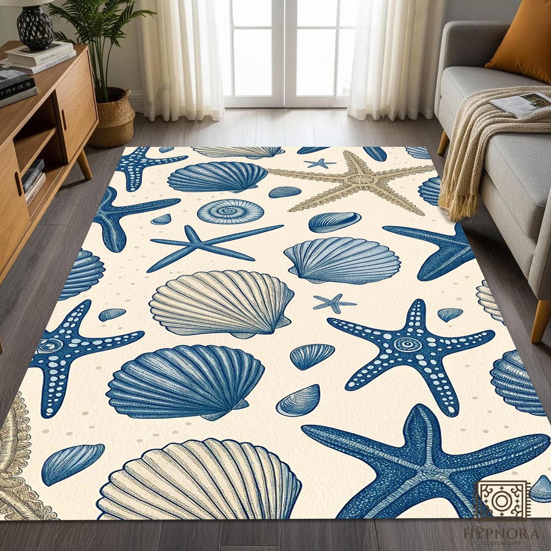 Blue White Shell Rug Seashell Starfish Area Rug: Coastal Blue, Beige, Nonslip Washable ...