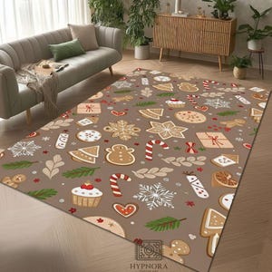 May include: A rectangular area rug with a festive Christmas cookie design. The rug features gingerbread men, snowflakes, candy canes, and gift boxes on a brown background. The rug is suitable for a living room or bedroom.