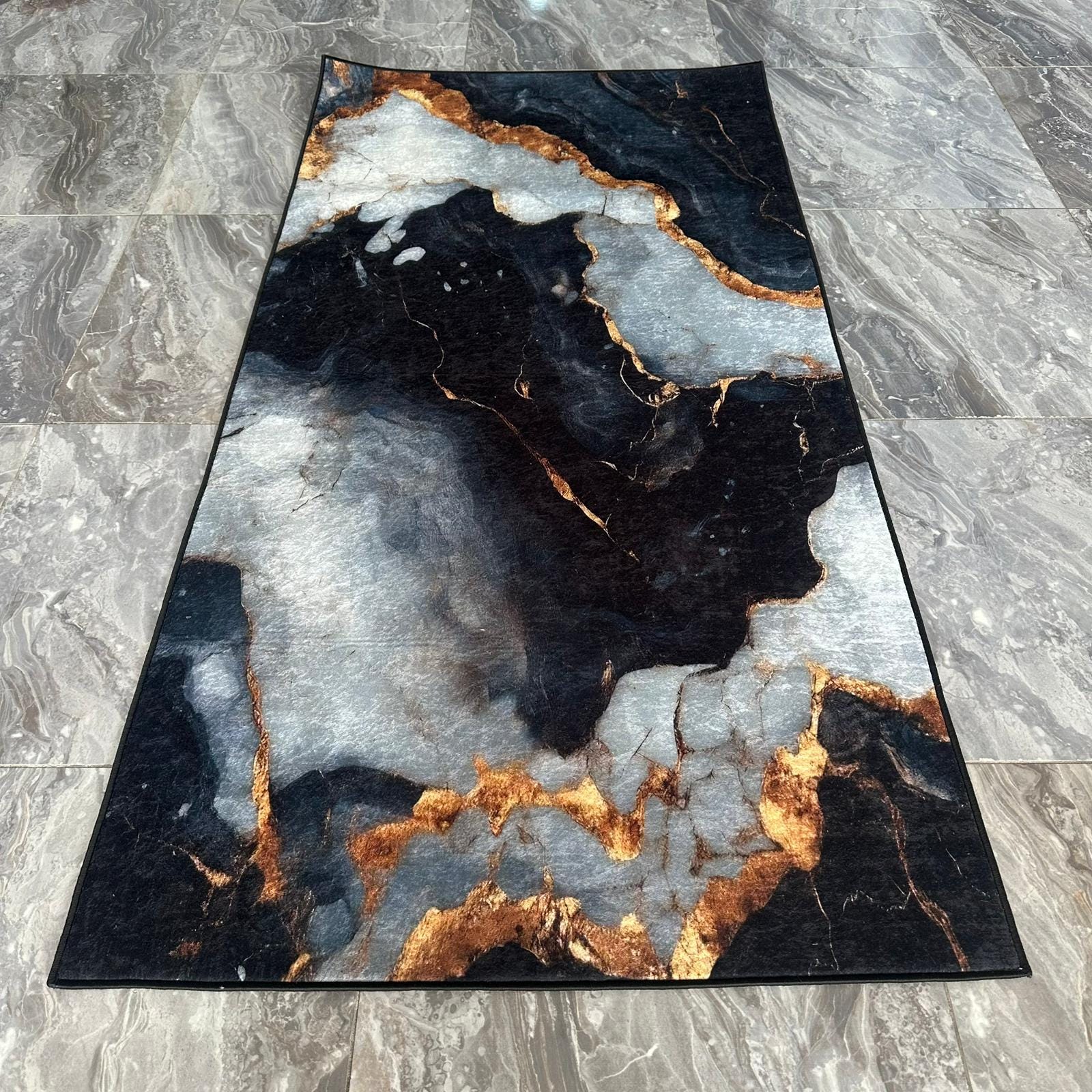 Gold Geode Rug Black White Gold Marble Area Rug, Abstract Agate Geode Art, Non-slip ...