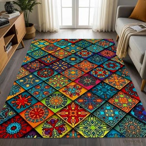 May include: A vibrant area rug with a geometric design of diamond tiles. Each tile displays a unique floral or abstract pattern in red, orange, yellow, blue, green, and purple. The rug is laid on a wooden floor.