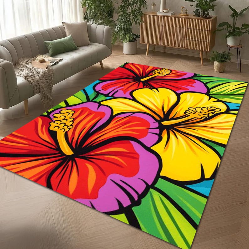 Hibiscus Rug Tropical Hibiscus Rug – Colorful Floral Tile Mat Summer Decor - Etsy