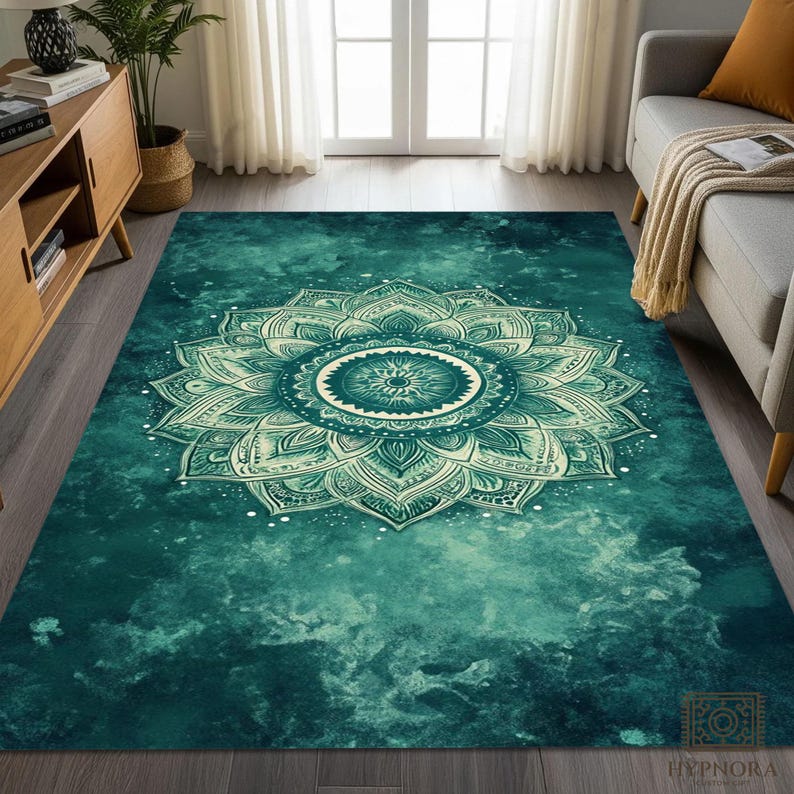 Teal Mandala Area Rug: Bohemian Lotus Flower, Yoga Mat - Etsy