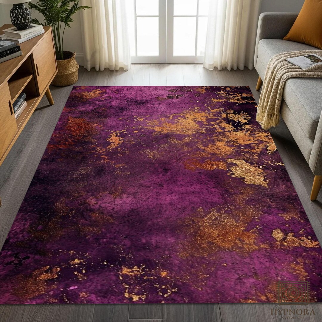 Purple Gold Abstract Rug, Distressed Boho Chic Mat, Washable Living ...