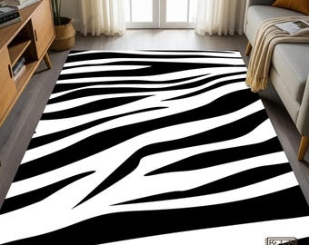 Zebra Stripes Area Rug: Black White Animal Pattern, Modern Wild Home Decor - Washable Carpet