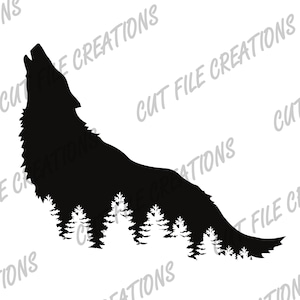 Puede incluir: Silueta negra de un lobo aullando con una escena de bosque detrás. El lobo está mirando hacia el lado izquierdo de la imagen.