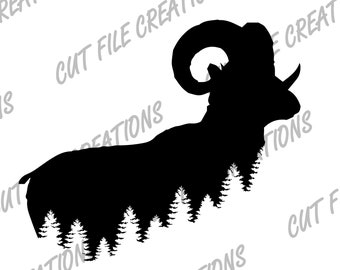 Archivo SVG de borrego cimarrón, astas, cazador (descarga digital)