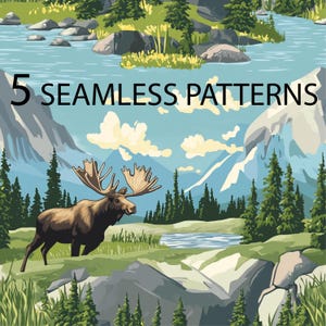Può includere: Un'illustrazione digitale di un paesaggio montano con un alce in primo piano. Il cielo è blu con nuvole bianche. Le montagne sono verdi e marroni con cime innevate. L'alce è marrone con grandi corna. Il testo "5 SEAMLESS PATTERNS" è in alto nell'immagine.