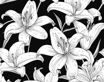 Lily Flower Seamless Pattern, Black and White Floral (Digital File)
