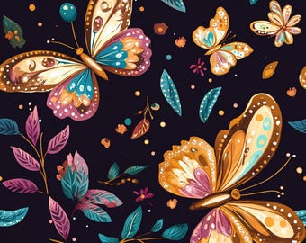 Patrón sin costuras de mariposas y cachemir, estampado floral bohemio (descarga digital PNG)