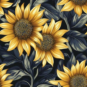 May include: A seamless pattern featuring large, bright yellow sunflowers with dark brown centers against a dark blue background. The sunflowers are arranged in a repeating pattern, with their petals overlapping and creating a sense of depth and movement.