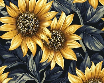 Sunflower Seamless Pattern, Floral Wallpaper, Black, White, and Yellow (Digital Download)
