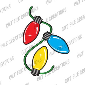 May include: Three Christmas lights strung together. The lights are red, blue, and yellow. The lights are in the shape of a teardrop.