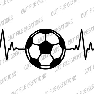 May include: Black and white graphic of a soccer ball with a heartbeat line running through the middle. The graphic represents a love for soccer.