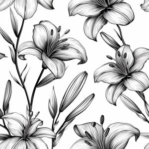 May include: Black and white floral pattern featuring detailed illustrations of lilies. The design includes open blooms, buds, and stems, creating a seamless repeat on a white background. The artwork showcases intricate line work and shading.