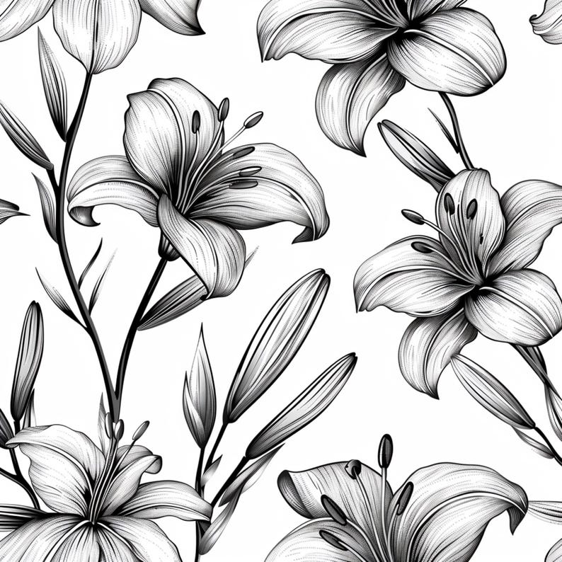 Black and White Lily Flower Seamless Pattern (digital File) - Etsy