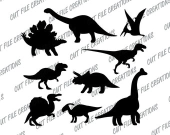 May include: Silhouettes of eight different dinosaurs, including a stegosaurus, a brachiosaurus, a triceratops, a tyrannosaurus rex, and a pterodactyl.