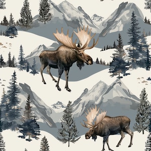 May include: A seamless pattern featuring two brown moose with large antlers standing in a snowy mountain landscape. The background is a watercolour illustration of mountains, trees, and snow.