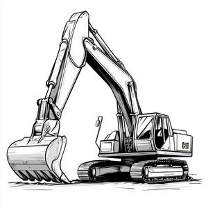 Könnte beinhalten: Eine Schwarzweiß-Zeichnung eines großen, gelben Caterpillar-Baggers mit einem angehobenen Arm und einem Löffel. Der Bagger befindet sich auf weißem Hintergrund.