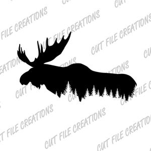 May include: Black silhouette of a moose with antlers, standing in front of a forest of pine trees.