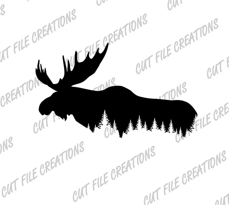 May include: Black silhouette of a moose with antlers, standing in front of a forest of pine trees.