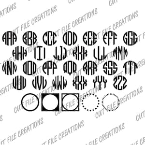 May include: A set of 26 black and white monogram letters in a circle, a square, and a dotted circle. The letters are in uppercase and are arranged in alphabetical order.