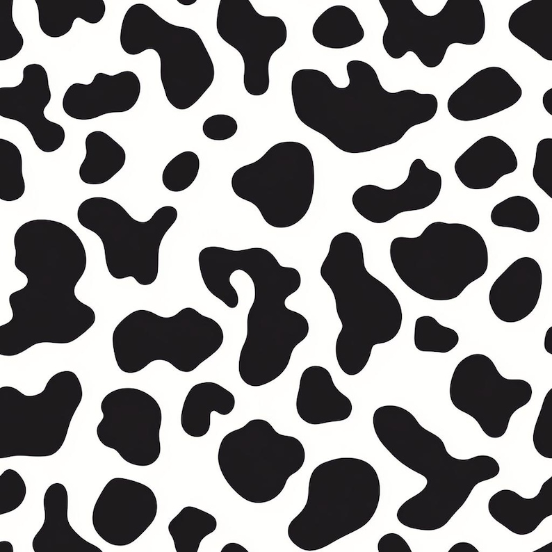 Puede incluir: Un patr&oacute;n sin costuras de manchas negras y blancas, que se asemeja a la piel de una vaca. Las manchas son irregulares en forma y tama&ntilde;o, creando una textura visualmente interesante y org&aacute;nica.