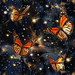 May include: A seamless pattern featuring four orange and black butterflies flying against a dark blue background with gold glitter and white stars.