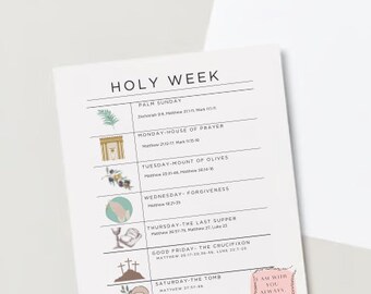 May include: A white card with a black and white graphic of a calendar with the days of Holy Week listed. Each day has a corresponding scripture reference and a small illustration. The card also includes the text "I am with you always, even unto the end of the world."