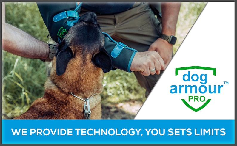May include: A brown and black dog wearing a blue and green dog armor pro sleeve. The dog is looking up at a person wearing a green shirt and a watch. The text "dog armour PRO" is in a green shield with a white background. The text "WE PROVIDE TECHNOLOGY, YOU SETS LIMITS" is in blue on a white background.