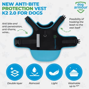 Pu&ograve; includere: Un giubbotto di protezione per cani blu e nero con la scritta "dog-armour PRO" sul lato. Il giubbotto &egrave; a doppio strato, impermeabile, leggero e lavabile. Il giubbotto ha un anello per attaccare un guinzaglio.